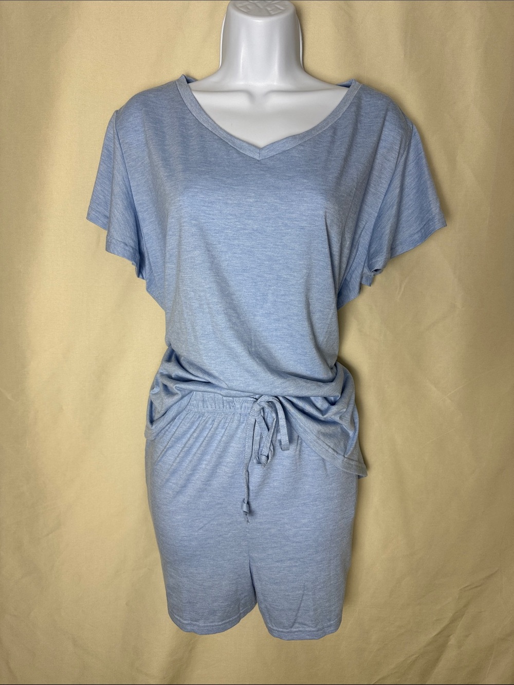 Women's Light Blue V-Neck Lounge Set with Tee and Drawstring Shorts